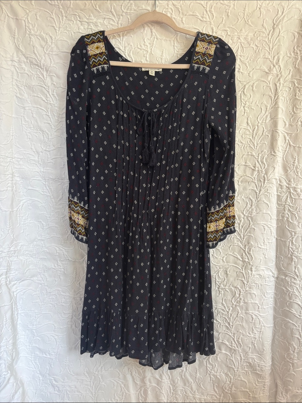 American Eagle Boho Navy Printed Tie-Neck Peasant Dress